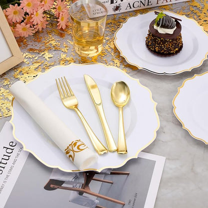 350 PCS Gold Disposable Plates, Scalloped Dinnerware Set for 50 Guests, 100 Plastic Plates, 150 Silverware, 50 Cups & 50 Paper Napkins, Gold