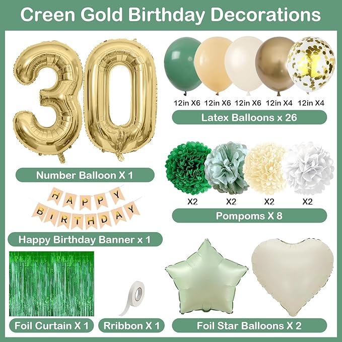Sage Green 30th Birthday Decorations for Him Gold Number 30 Balloon Nude Gold Happy Birthday Banner Fringe Curtain Paper Pom Poms Olive Green Cream White Sand Star Foil Balloons Party Decor