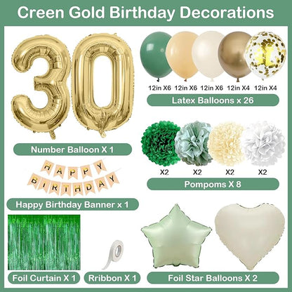 Sage Green 30th Birthday Decorations for Him Gold Number 30 Balloon Nude Gold Happy Birthday Banner Fringe Curtain Paper Pom Poms Olive Green Cream White Sand Star Foil Balloons Party Decor
