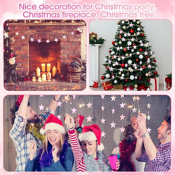 Patelai Glitter Star Garland Banner Christmas Decor 130 Feet Star Hanging Bunting Banner Twinkle Backdrop for Homecoming Classroom Wedding Birthday Halloween Party Supplies(Iridescent Pink)