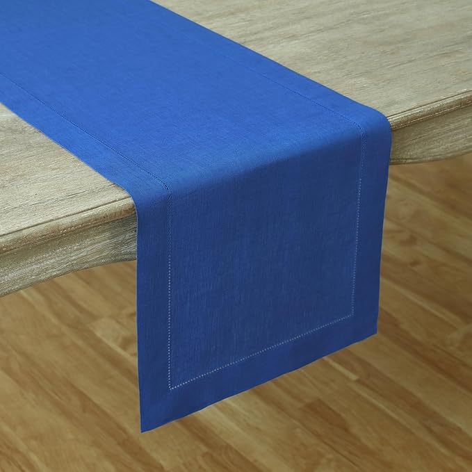 Solino Home Linen Royal Blue Table Runner 144 Inches Long - 100% Pure Linen Extra Long Table Runner 14 x 144 Inch for Christmas, New Year - Classic Hemstitch