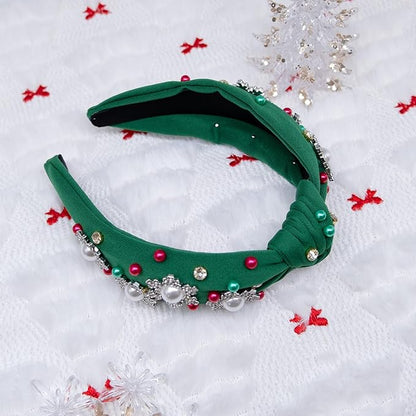 pVq Christmas Headband for Women Knotted Headband with Christmas Tree Crystal Pearl Snowflake Ribbon Xmas Holiday Hairband (Snowflakes - Green, One Size)