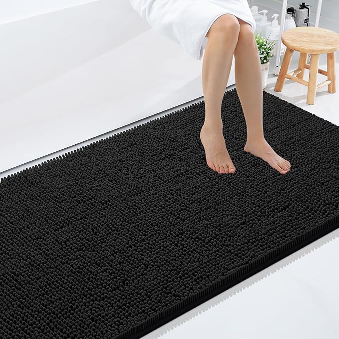 Smiry Luxury Chenille Bathroom Rugs 71x47, Extra Soft and Absorbent Shaggy Bath Mat, Machine Washable, Non-Slip Plush Carpet Runner for Tub, Shower, and Floor, Home Decor Accessories, Black