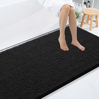 Smiry Luxury Chenille Bathroom Rugs 59x35, Extra Soft and Absorbent Shaggy Bath Mat, Machine Washable, Non-Slip Plush Carpet Runner for Tub, Shower, and Floor, Home Decor Accessories, Black