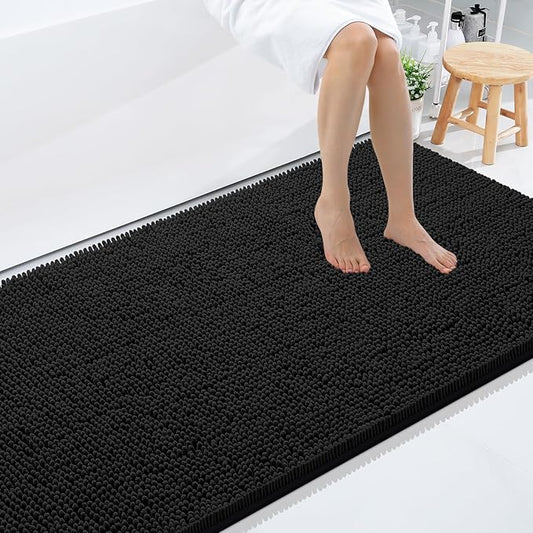 Smiry Luxury Chenille Bathroom Rugs 59x35, Extra Soft and Absorbent Shaggy Bath Mat, Machine Washable, Non-Slip Plush Carpet Runner for Tub, Shower, and Floor, Home Decor Accessories, Black