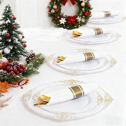 Liacere 400PCS Gold Plastic Silverware - Pre Rolled Napkins Disposable Gold Plastic Cutlery-Premium Quality Utensils-Includes 100Forks,100Knives,100Spoons,100 Napkins & Wedding & New Year