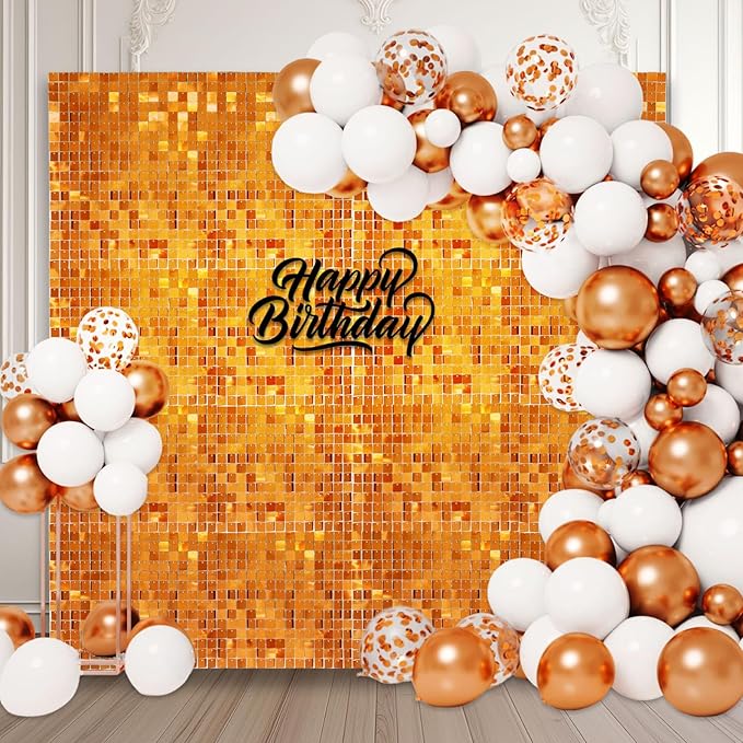 48 PCS Orange Shimmer Wall Backdrop, Square Sequin Photo Backdrops Panel, Glitter Wall Background for Birthdays, Weddings, Halloween, Engagements, Disco Bachelorette Party Decoration (6FTx8FT)