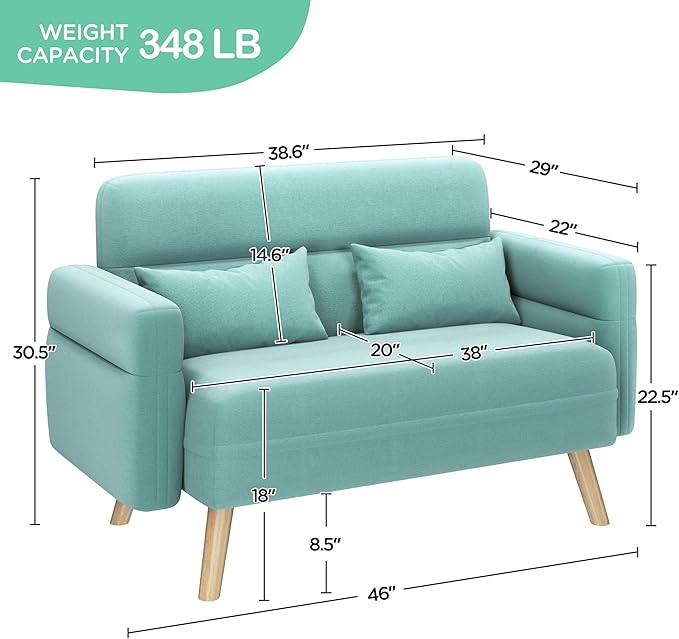 Yaheetech 46" Small Modern Fabric Sofa Loveseat Mid Century 2 Seater Sofa Couch with Lumbar Pillows, Solid Wood Legs for Living Room, Small Space, Dorm, Office, Bedroom, Aquamarine