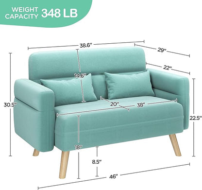 Yaheetech 46" Small Modern Fabric Sofa Loveseat Mid Century 2 Seater Sofa Couch with Lumbar Pillows, Solid Wood Legs for Living Room, Small Space, Dorm, Office, Bedroom, Aquamarine