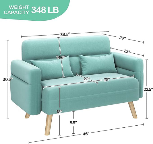 Yaheetech 46" Small Modern Fabric Sofa Loveseat Mid Century 2 Seater Sofa Couch with Lumbar Pillows, Solid Wood Legs for Living Room, Small Space, Dorm, Office, Bedroom, Aquamarine