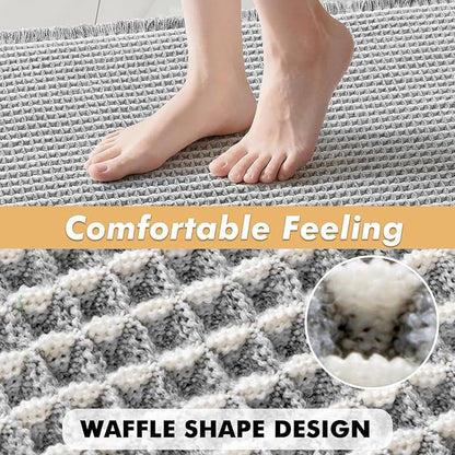 MIULEE Set of 2 Waffle Bathroom Rugs, Boho Bath Rugs Non Slip Washable, Super Absorbent Bath Mats, Ultra Soft Rubber Backed Shower Mats for Bathroom Floor, Tub, LightGrey & Cream, 17x24 Inch