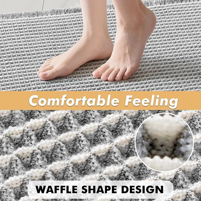 MIULEE Set of 2 Waffle Bathroom Rugs, Boho Bath Rugs Non Slip Washable, Super Absorbent Bath Mats, Ultra Soft Rubber Backed Shower Mats for Bathroom Floor, Tub, LightGrey & Cream, 17"x24"+18"x30"