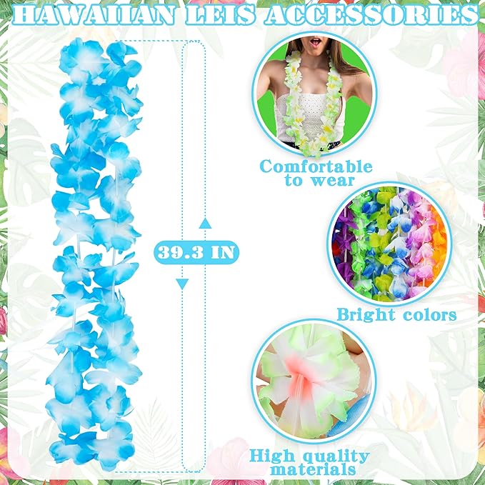100pcs Luau Party Decorations, Silk Hawaiian Leis Tropical Flower Necklaces, Colorful Hula Dance Bulk Leis Decor, Flower Hawaiian Leis for Summer Beach Pool Theme Party Decorations Favors Supplies