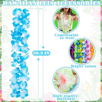 100pcs Luau Party Decorations, Silk Hawaiian Leis Tropical Flower Necklaces, Colorful Hula Dance Bulk Leis Decor, Flower Hawaiian Leis for Summer Beach Pool Theme Party Decorations Favors Supplies
