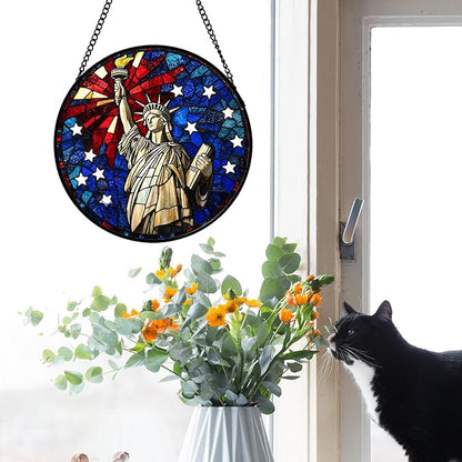 Stained Glass Window Hanging 4 Pcs Set Red Blue Flag Freedom Theme Large 15" - Suncatcher Door Garden Sun Catcher Decor Birthday Christmas for Mom Woman Nana Men Friend