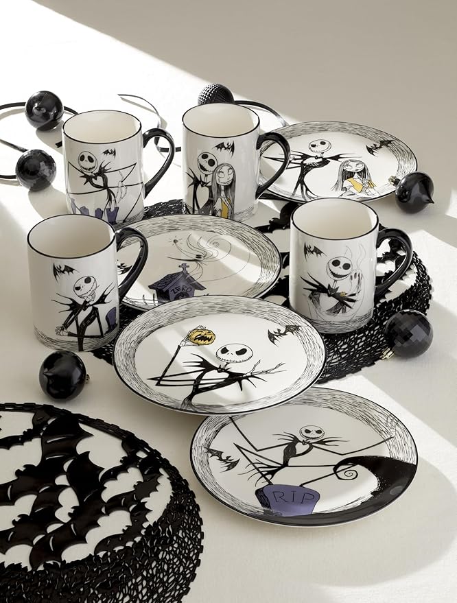 Lenox Dinnerware Set, Nightmare Before Christmas Accent Plates Set For 4, Jack Skellington, Halloween Decor Indoor, Porcelain, Dishwasher Safe, Microwave Safe, Halloween Dishes (White/Black, 4 Pieces)