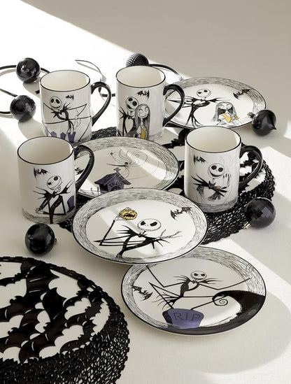 Lenox Dinnerware Set, Nightmare Before Christmas Accent Plates Set For 4, Jack Skellington, Halloween Decor Indoor, Porcelain, Dishwasher Safe, Microwave Safe, Halloween Dishes (White/Black, 4 Pieces)
