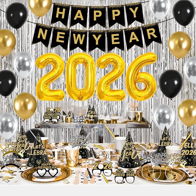 New Years Eve Party Supplies 2026 New Years Decorations Happy New Year Banner 2026 Balloons Hats Glasses Tiaras Squawkers Fringe Curtains for Party Decor Photo Props