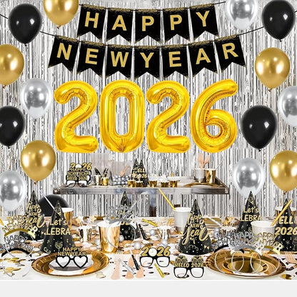 New Years Eve Party Supplies 2026 New Years Decorations Happy New Year Banner 2026 Balloons Hats Glasses Tiaras Squawkers Fringe Curtains for Party Decor Photo Props