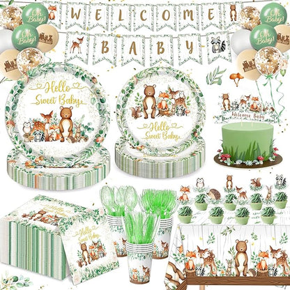 Woodland Baby Shower Decorations - Plates, Napkins, Cups, Cutlery, Cake & Cupcake Toppers, Banner, Hanging Swirls, Tablecloth, Balloons for Woodland Safari Birthday Party Decorations, Serve 24