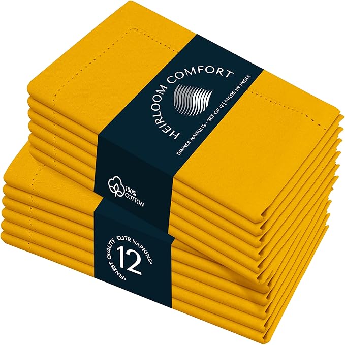 Mustard Yellow Cloth Napkins 18"x18" - Set of 12-100% Cotton, Absorbent, Reusable, Soft, Washable - Hemstitch Mitered Edges - Ideal for Dinner, Everyday, Baby Showers, Events