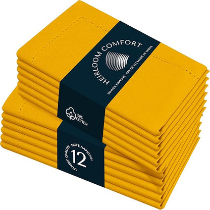 Mustard Yellow Cloth Napkins 18"x18" - Set of 12-100% Cotton, Absorbent, Reusable, Soft, Washable - Hemstitch Mitered Edges - Ideal for Dinner, Everyday, Baby Showers, Events