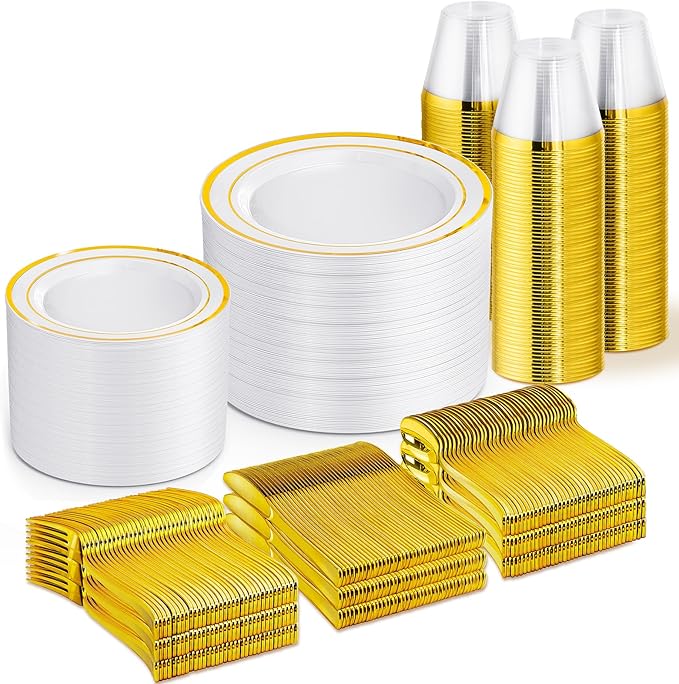 WELLIFE 600 PCS Gold Disposable Dinnerware Set for 100 Guests, Gold and White Plastic Plates for Party, 100 Each-Dinner & Salad Plates, Cups, Forks Knives Spoons for Wedding and Party