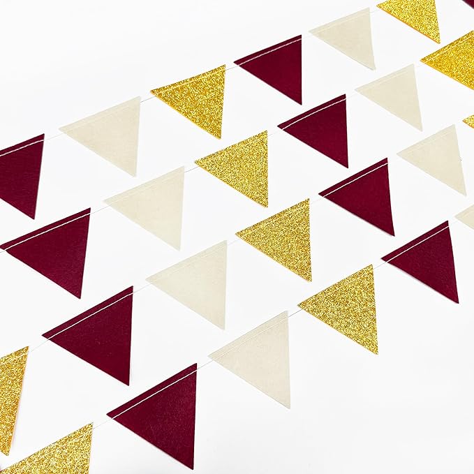 Maroon Gold Party Decorations Burgundy Beige Gold Glitter Felt Hanging Triangle Mini Bunting Pennant Banner Flag for Birthday Graduation Wedding Baby Shower Anniversary Party Nursery Classroom Decor