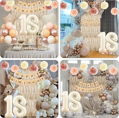 Beige 18th Birthday Decorations Girls Boys Cream Number 18 Balloon Nude Gold Happy Birthday Banner Fringe Curtain Paper Pom Poms Blush White Sand Champagne Star Foil Balloons Neutral Boho Party Decor