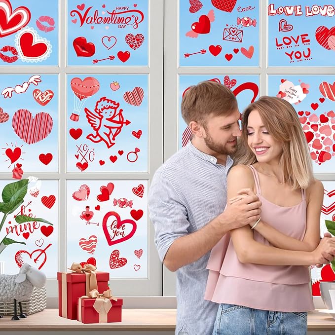 Valentines Day Window Clings Decorations, Red Heart Stickers Decor, Happy Valentine's Cupid Gifts for Home Office Kids Classroom, Pink Wedding Romantic Decals Décor, 9 Sheets