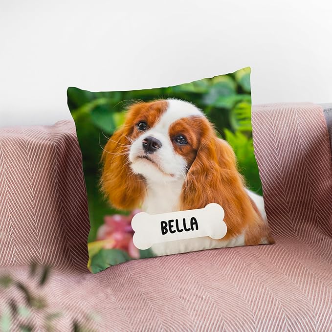 Custom Pet Photo Pillow Cover 16x16 Inch – Personalized Dog or Cat Pillow with Name in Bone Shape, Pet Picture Cushion, Custom Throw Pillowcase, Gift for Dog Lovers, Pet Owners, Animal Lovers