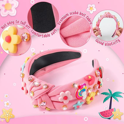 PANTIDE Floral Jeweled Knotted Headband - Rainbow Rhinestone Crystal Embellished Headband Wide Top Knot Fashion Hairband Hair Accessories Spring Summer Birthday Gift for Women Girls (Pink)