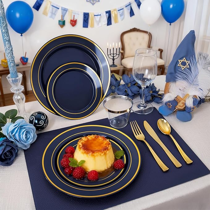 175PCS Blue and Gold Plastic Plates - Navy Blue Plates with Pre Rolled Napkins for Party - 25Guest Disposable Dinnerware Sets for Hanukkah/Party/Hanukkah/Wedding