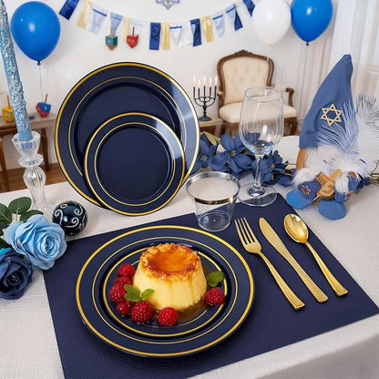 175PCS Blue and Gold Plastic Plates - Navy Blue Plates with Pre Rolled Napkins for Party - 25Guest Disposable Dinnerware Sets for Hanukkah/Party/Hanukkah/Wedding