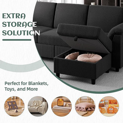 Vongrasig 79" Convertible Sectional Couch Sofa with Storage Ottoman, 3 Seat L Shaped Couch with Side Storage Pockage, Small Couches for Living Room, Apartment and Small Space, Black