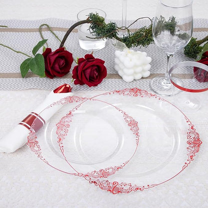 Hioasis 175pcs Clear Red Plastic Plates - Elegant Disposable Dinnerware Set Suitable for 25 Guests Include 10.25" Dinner & 7.5" Dessert Plates, Pre Rolled Silverware Set, Cups for Party & Christmas