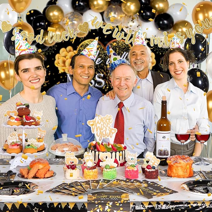 We Will Miss You Decorations, Going Away Party Decorations, Farewell Decorations Party Includes Black & Gold Balloons, Backdrop, Banner, Tablecloth, Plates, Napkins, Cake Toppers for Retirement