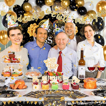 We Will Miss You Decorations, Going Away Party Decorations, Farewell Decorations Party Includes Black & Gold Balloons, Backdrop, Banner, Tablecloth, Plates, Napkins, Cake Toppers for Retirement