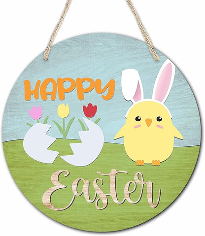 10" Easter Round Wooden Hanging Sign With Sisal Rope - Happy Easter - Chick And Bunny Ear Wooden Plaque For Front Door, Porch, Outdoor Indoor, Farmhouse Wall Decor Party Favor & Decorations - B01