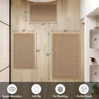 MIULEE Set of 2 Waffle Bathroom Rugs, Boho Bath Rug Super Absorbent, Non Slip Washable Ultra Soft Rubber Backed Shower Bath Mats for Floor, Tub, Shower, Bordered Design, Brown, 18x30 Inch