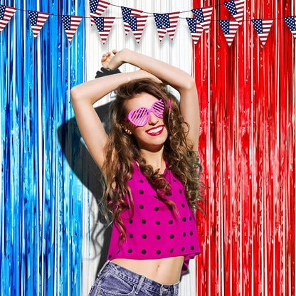 3 Pack 3.3 x 8.2 ft Red White and Blue Foil Fringe Backdrop Curtains, Tinsel Streamers Party Decorations, Fringe Backdrop for Patriotic, Memorial Day, 4th of July, Independence Day