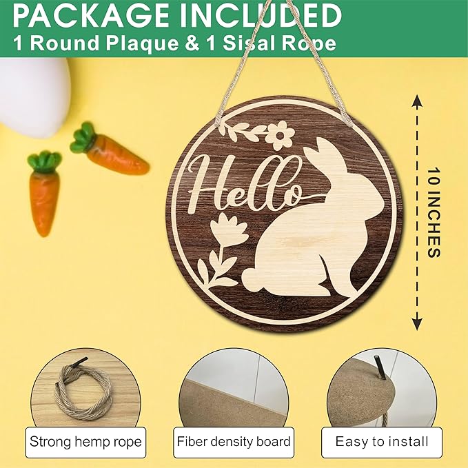 10" Easter Round Wooden Hanging Sign With Sisal Rope - Rustic Bunny Hello Wooden Plaque For Front Door, Porch, Outdoor Indoor, Farmhouse Wall Decor Party Favor & Decorations - B02
