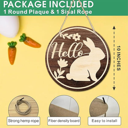 10" Easter Round Wooden Hanging Sign With Sisal Rope - Rustic Bunny Hello Wooden Plaque For Front Door, Porch, Outdoor Indoor, Farmhouse Wall Decor Party Favor & Decorations - B02