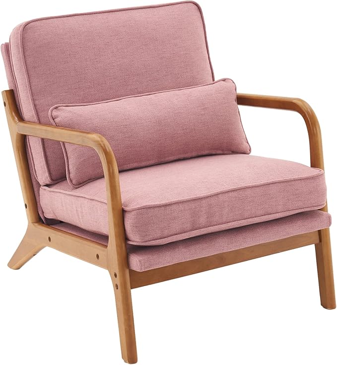 Bonnlo Linen Pink Mid Century Modern Accent Chair, Soild Wood Padding Lounge Armchairs Side Sitting Chairs for Living Room, Bedroom, Guest Room