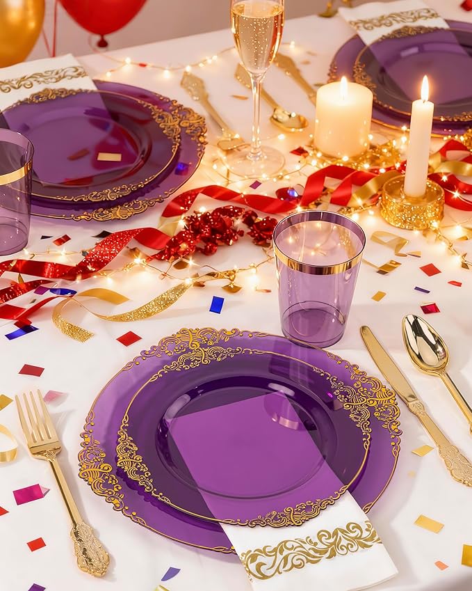 Nervure 350PCS Purple Plastic Plates - Purple Plastic Dinnerware Sets for 50 Guests - 100 Disposable Plates, 150 Gold Silverware, 50 Cups, 50 Napkins for Wedding & Party