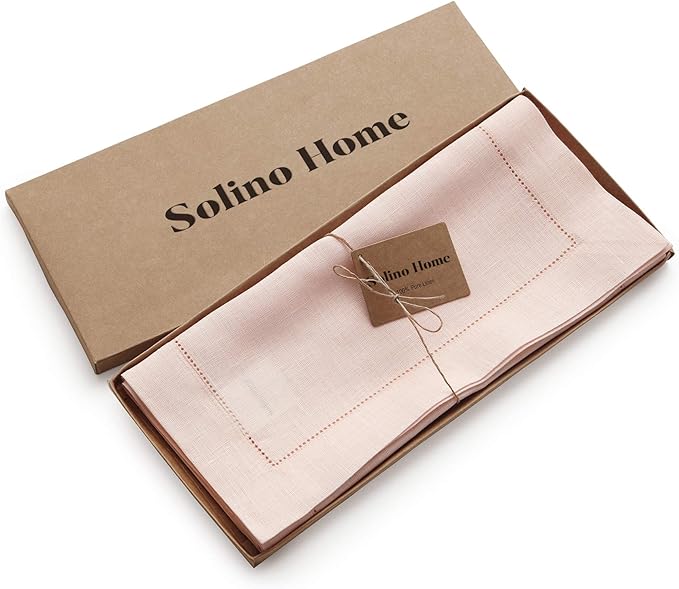 Solino Home Linen Pink Table Runner 60 Inches - Classic Hemstitch, 100% Pure Linen Coffee Table Runner 14 x 60 Inch Ideal for Dresser Tables