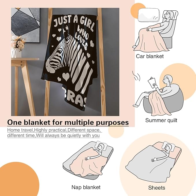 Just A Girl Who Loves Zebras Blanket Lightweight Cozy Flannel Fleece Throw Blanket Best Gift Home Decor for Bed Couch Outdoor Camping 80"x60" Queen for Adults