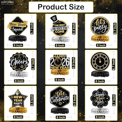 KatchOn, New Years Centerpieces For Tables - Pack of 9 | New Years Eve Party Supplies 2026 | Black and Gold Honeycomb for New Year Decorations 2026 | New Year Eve Party Decorations