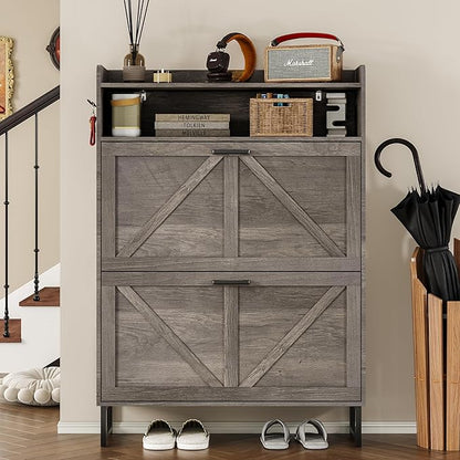 Shoe Cabinet with 2 Flip Drawers Narrow Shoe Storage Organizer Wooden Freestanding Rack Hidden Slim Shoes Storage Cabinet for Entryway, Hallway, Living Room, Bedroom (Grey)