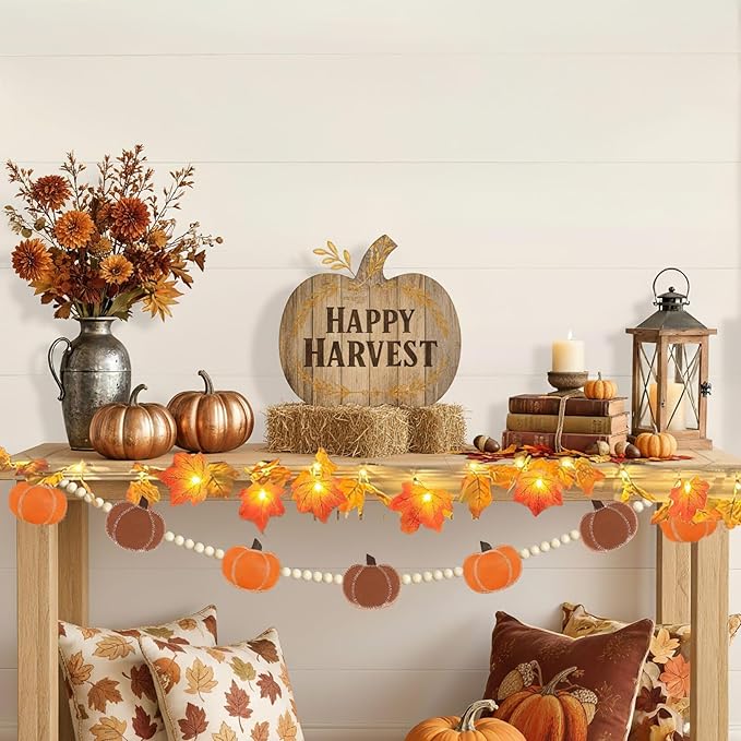2 Pcs Fall Decorations for Home Felt Pumpkin & Wood Bead Garlands with Maple Leaf Lights for Mantel Ideal for Fall Thanksgiving Halloween and Holiday Decor